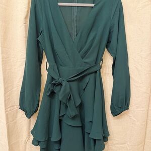 Green Wrap Dress Long Sleeve Tie Waist Ruffle Hem Women Small